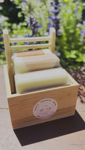 Load and play video in Gallery viewer, Modern Color Collection Soap Gift Set  ~ 3 Luxury Hand &amp; Body Soaps in Reusable Wood Crate + Wood Soap Dish
